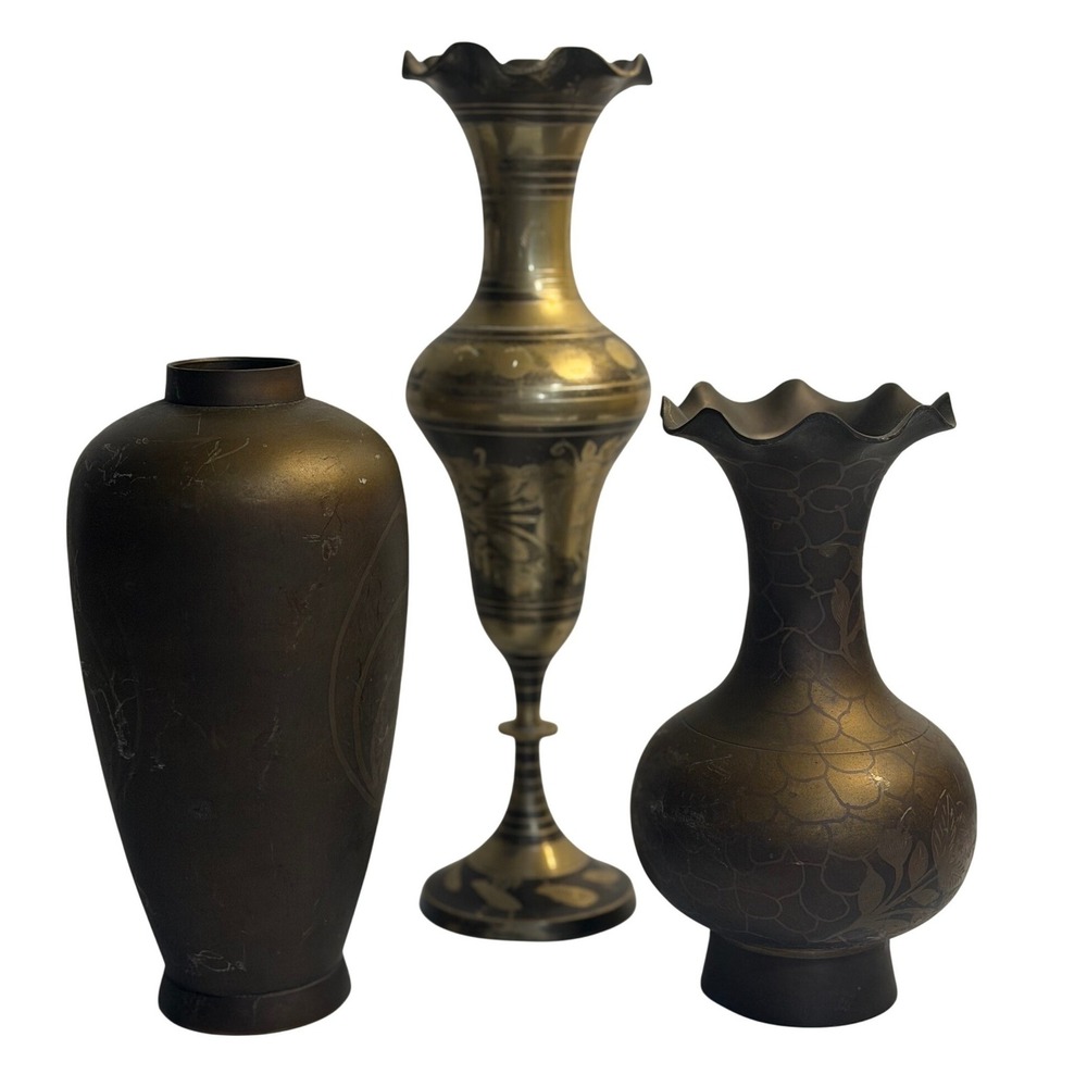 VTG Brass Vases Etched Floral Set of 3 Gold Black Hand Crafted Decor